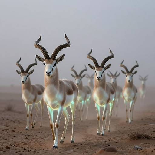 Photograph of a group of gazelles with large, curved horns standing in a misty, desert-like landscape, illuminated by a subtle blue light.