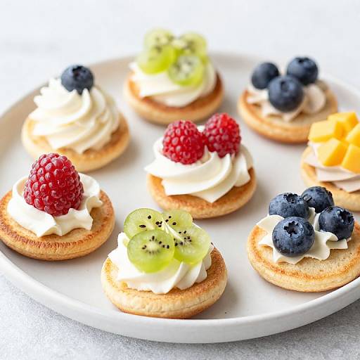 Photograph of six mini pancakes topped with whipped cream, kiwi slices, blueberries, raspberries, and mango, arranged on a white plate.