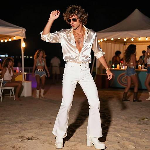 Photograph of a curly-haired man in a shiny white button-up shirt and flared pants, dancing at a night beach party, surrounded by string lights