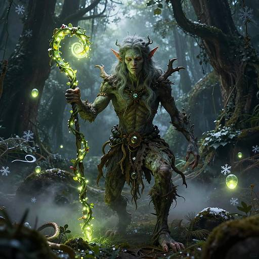 Digital fantasy artwork of a green-skinned, horned, elf-like creature with glowing staff, wearing tattered forest attire, in a misty,