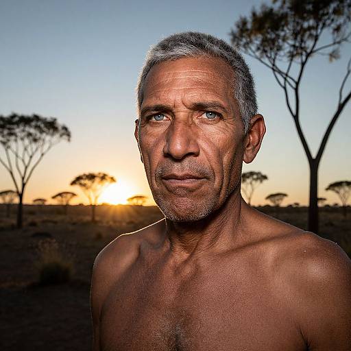 Photograph of an older, shirtless man with short gray hair and blue eyes, standing against a sunset sky with silhouetted trees. His