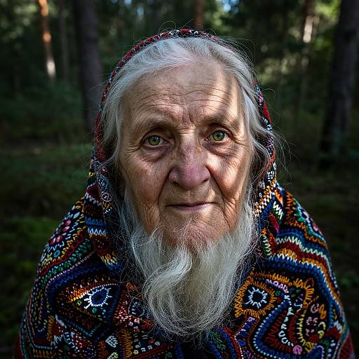 Photograph of an elderly man with white hair and beard, wearing a colorful, patterned hood, standing in a forest. His green eyes gaze forward