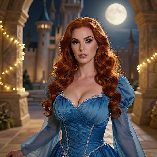 Photorealistic digital artwork of a red-haired woman with large breasts in a blue, low-cut, medieval-style dress, standing in a fairy tale castle
