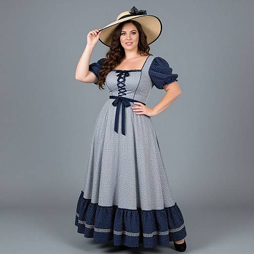 Photograph of a woman in a blue and white polka dot dress with puffed sleeves, lace-up bodice, and wide-brimmed hat