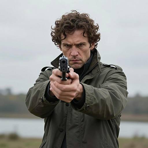 Man aiming pistol with intense expression