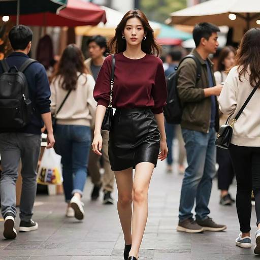 Stylish Woman Walking in Outdoor Market
