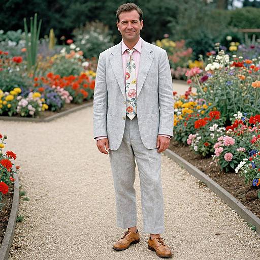 Photograph of a middle-aged man in a light gray suit with floral shirt, brown shoes, standing on a garden path surrounded by vibrant, colorful flowers