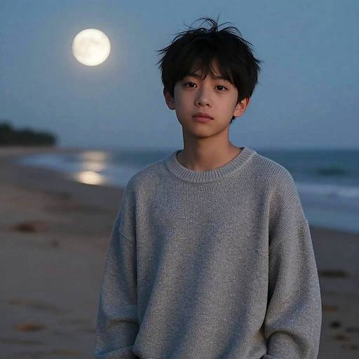 Photograph of an Asian teenage boy with messy black hair, wearing a gray sweater, standing on a beach at dusk with a full moon in the blue