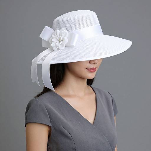 Photograph of an Asian woman with fair skin, wearing a large white sunhat with a white ribbon bow, and a gray V-neck dress, against