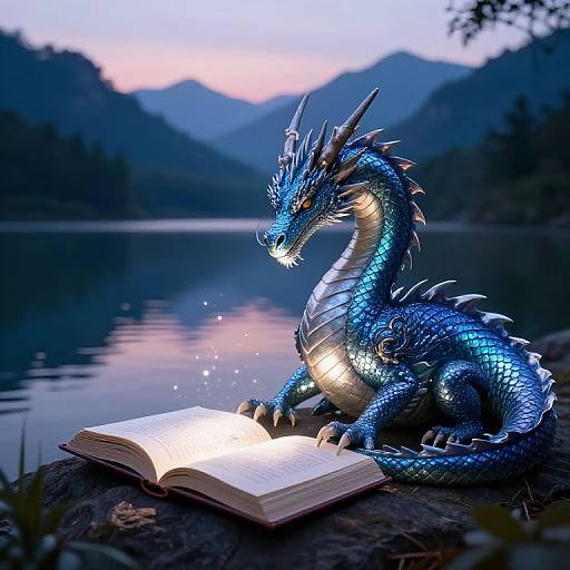 Photorealistic CGI: Blue, glowing dragon with shimmering scales reads an open book by a tranquil lake at twilight, mountains in background.