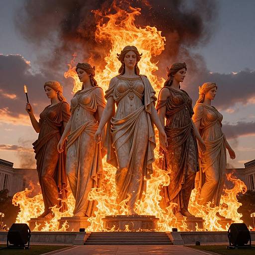 Photograph of four classical-style statues of women engulfed in intense flames, standing on a stone platform at dusk.