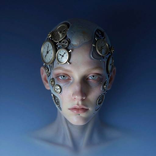 Digital artwork of a pale-skinned, bald human face with blue eyes, adorned with intricate clockwork gears on the forehead, set against a gradient blue