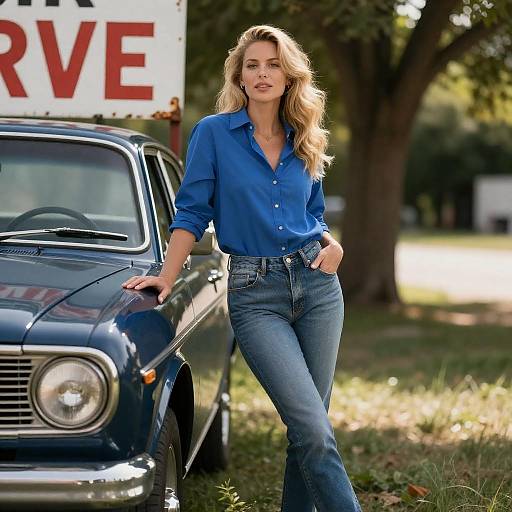 Blonde Woman and Vintage Car Scene