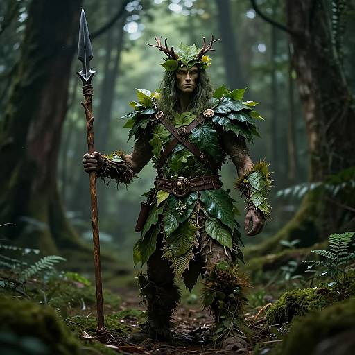 Photorealistic CGI of a fierce woodland warrior with antlers, leaf armor, and a spear, standing in a dense, mossy forest.