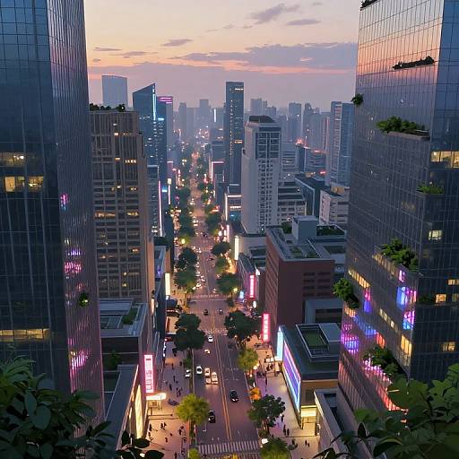 Digital artwork of a bustling urban cityscape at sunset, featuring towering skyscrapers, neon lights, and a crowded street below.