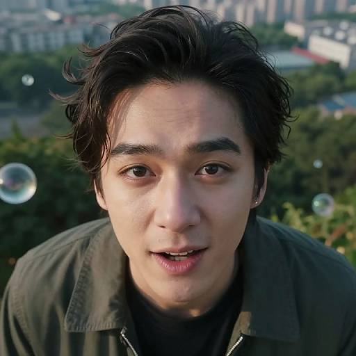 Photograph of an Asian man with dark, wavy hair, medium build, wearing a green jacket, gazing at the camera with bubbles floating in