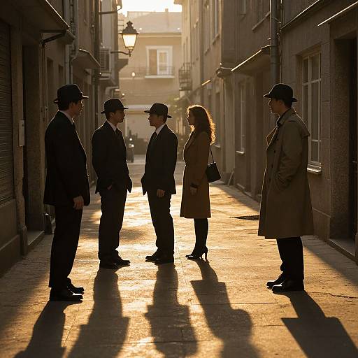 Photograph of five silhouetted people in formal attire, standing on a sunlit, narrow alley with long shadows, wearing black hats.