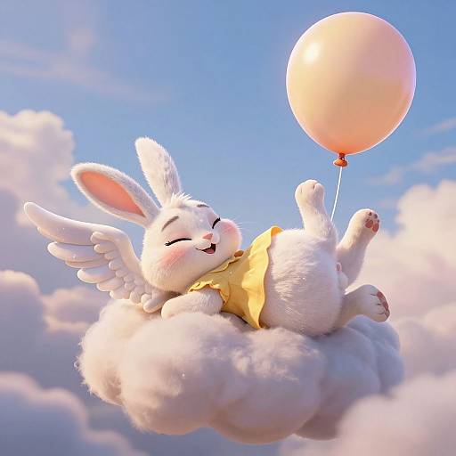 Cute CGI white bunny with wings and yellow shirt, lying on a fluffy cloud, holding a pink balloon, against a bright blue sky with soft clouds