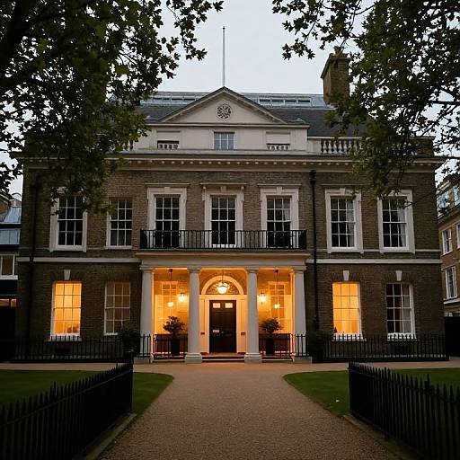 Photograph of a grand, two-story brick mansion with illuminated windows, black wrought-iron balconies, white columns, and a well-maintained