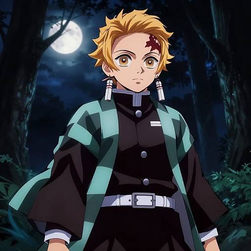 Anime-style drawing of a blonde boy with a scar, wearing a black uniform with a teal cape, standing in a moonlit forest.