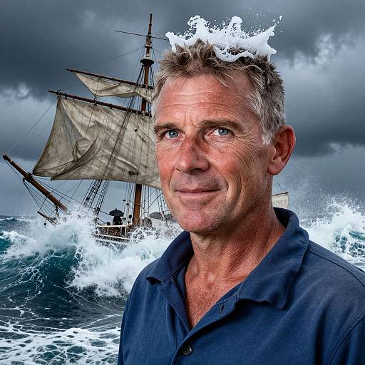 Photograph of a middle-aged man with short gray hair, blue shirt, standing in front of a stormy ocean and sailboat. Water splashes