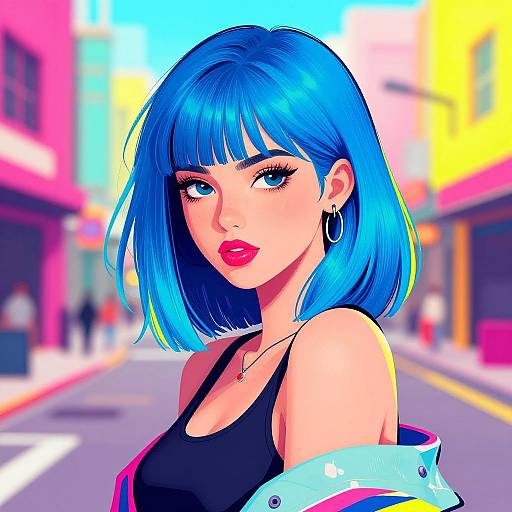 Digital anime-style portrait of a blue-haired woman with bold red lipstick, hoop earrings, black tank top, and colorful jacket, standing on a vibrant,