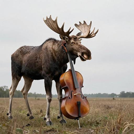 Photograph of a moose standing in a grassy field, holding a cello with its mouth against a white, overcast sky.