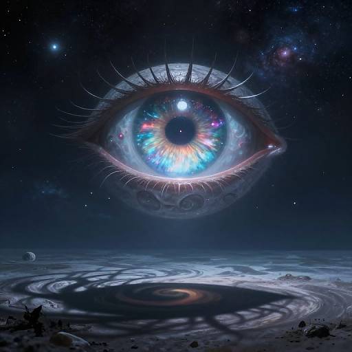 Digital artwork of a glowing, multicolored eye in space, casting a swirling shadow on a planet below, with distant stars and planets in the dark