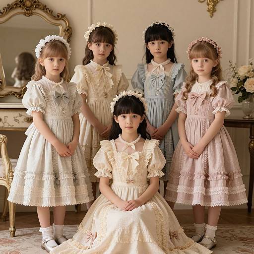Photograph of five young Asian girls in vintage, pastel-colored, lace-trimmed dresses, white flower headbands, standing and kneeling in a