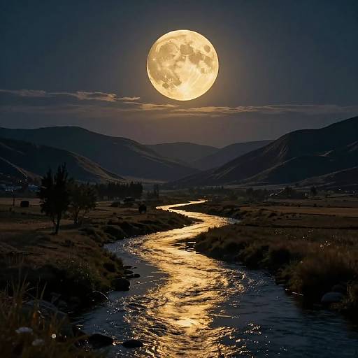 Photograph of a full moon glowing brightly above a dark mountain landscape, illuminating a silvery river winding through the valley.