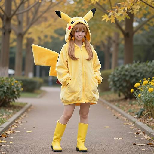 Woman in Pikachu Costume Standing on Park Path