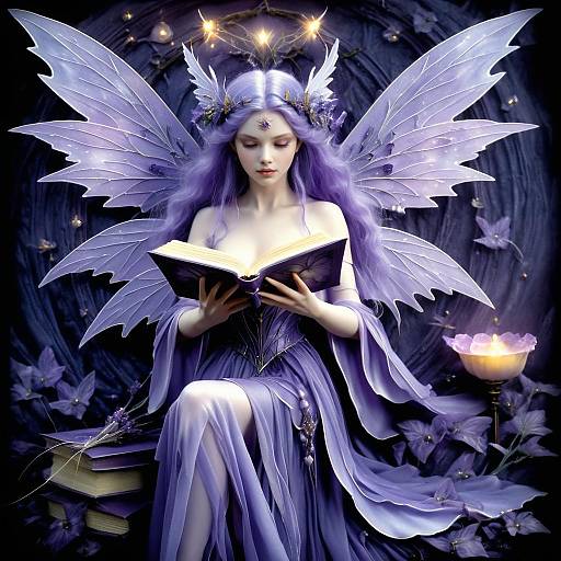 Lavender Fairy Woman Reading Spellbook