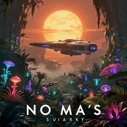 Digital art: Glowing, colorful alien forest at sunset, with a futuristic spaceship hovering above. 