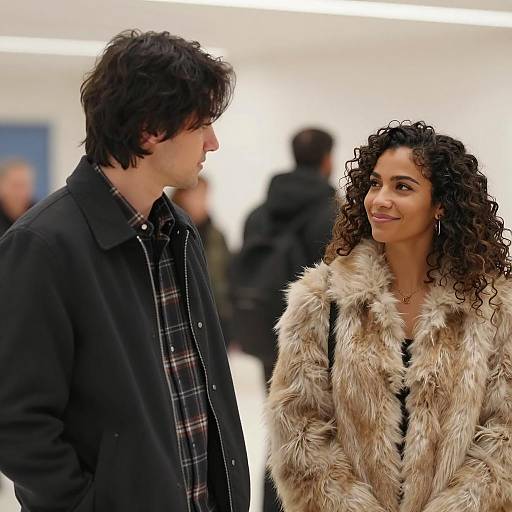Photograph of a curly-haired woman in a fur coat smiling at a dark-haired man in a black coat and plaid shirt in a brightly lit indoor