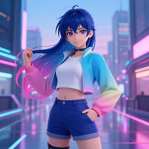 Digital anime-style drawing of a blue-haired girl with purple eyes, wearing a pastel jacket, white crop top, and navy shorts, standing confidently in