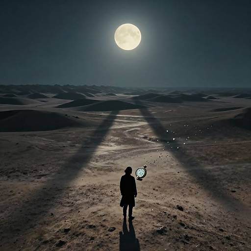 Silhouetted figure stands in desert under bright full moon, holding glowing orb, moon's rays casting long shadows across sand dunes.