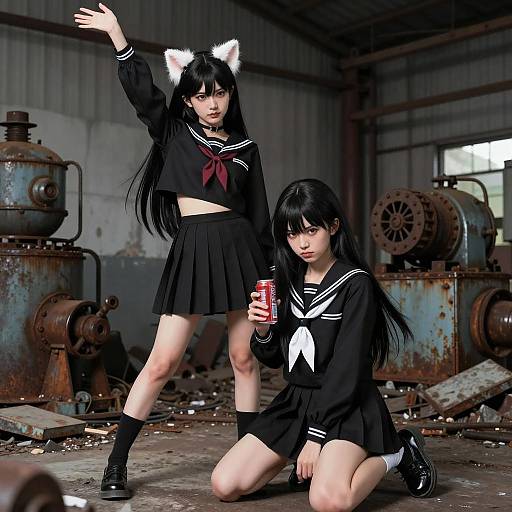 Anime Duo in Ruined Industrial Scene