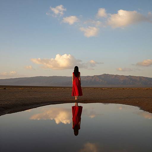 Photograph of a woman in a red dress standing in a desert, reflecting in a puddle, with mountains and a blue sky in the background.