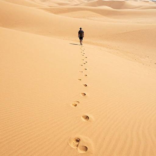 Photograph of a lone figure with backpack, walking in vast, golden sand dunes, leaving a trail of footprints behind.