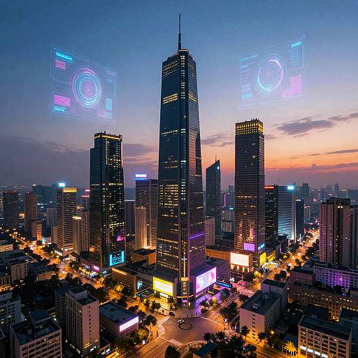 Futuristic Cityscape at Dusk with Neon Lights and Holograms