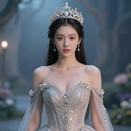Elegant Queen in Crystal-Embellished Gown and Crown