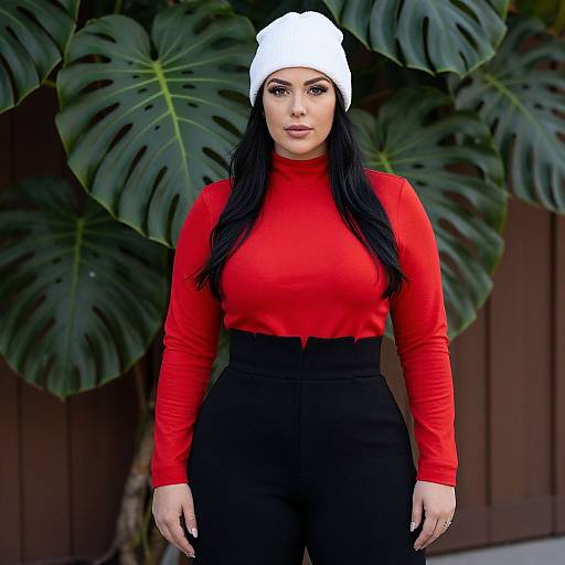 Photograph of a woman with long black hair, wearing a white beanie, red long-sleeve top, and black high-waisted pants