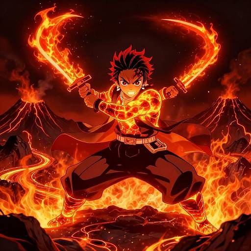 Digital anime drawing of a fierce, black-haired boy wielding flaming swords, standing in a fiery landscape with erupting volcanoes.