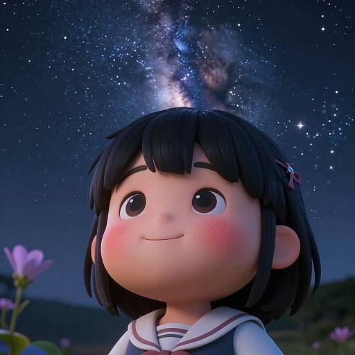 CGI image of a cute anime-style girl with black hair, pink blush, and wide eyes, looking up at a starry night sky with a