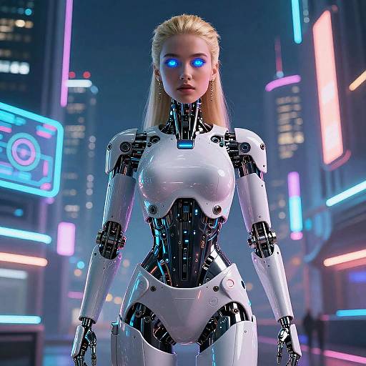 Futuristic Blonde AI Robot in Neon City