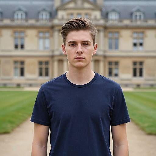 Young Man in Front of Historic Building