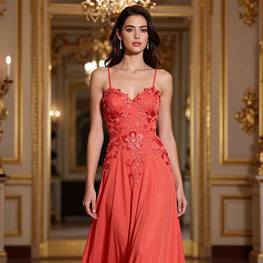 Elegant Woman in Coral Red Gown