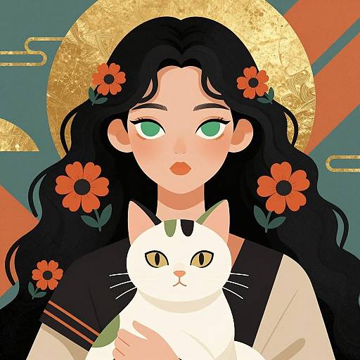 Stylized Illustration of Woman with Cat and Floral Hair