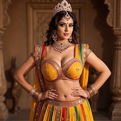 Photograph of a beautiful South Asian woman with dark hair, wearing a yellow-orange traditional outfit with gold embroidery, matching jewelry, and a silver tiara