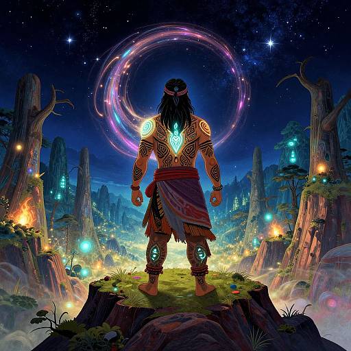 Digital fantasy artwork: A muscular, tattooed, tribal warrior with glowing blue tattoo on chest stands on rocky outcrop, surrounded by glowing fireflies,